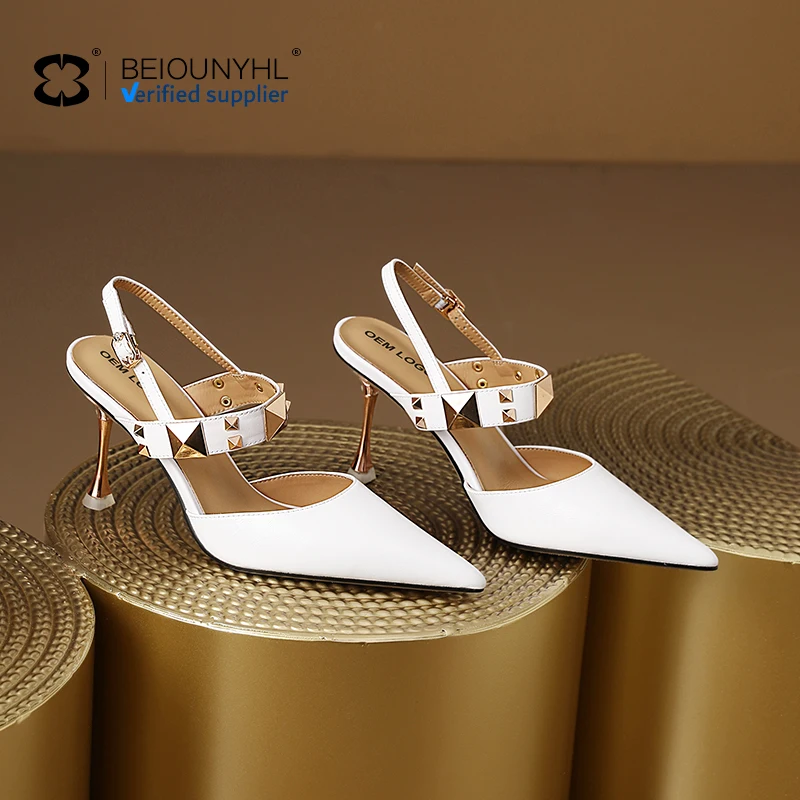 New Fashion Good Quality Leather Straps Metal Pointy Sandal Shoes Sexy Pointed Toe Thin High Heels Sandals For Women And Ladies