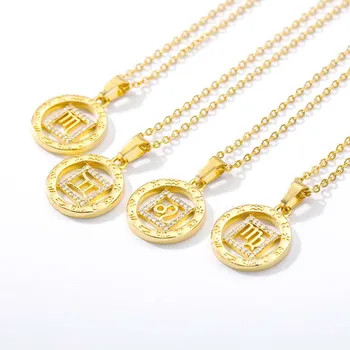 2021 Fashion Custom Logo 12 Constellation Zircon Necklace Stainless Steel Chain Gold Plated Zodiac Crystal Necklace