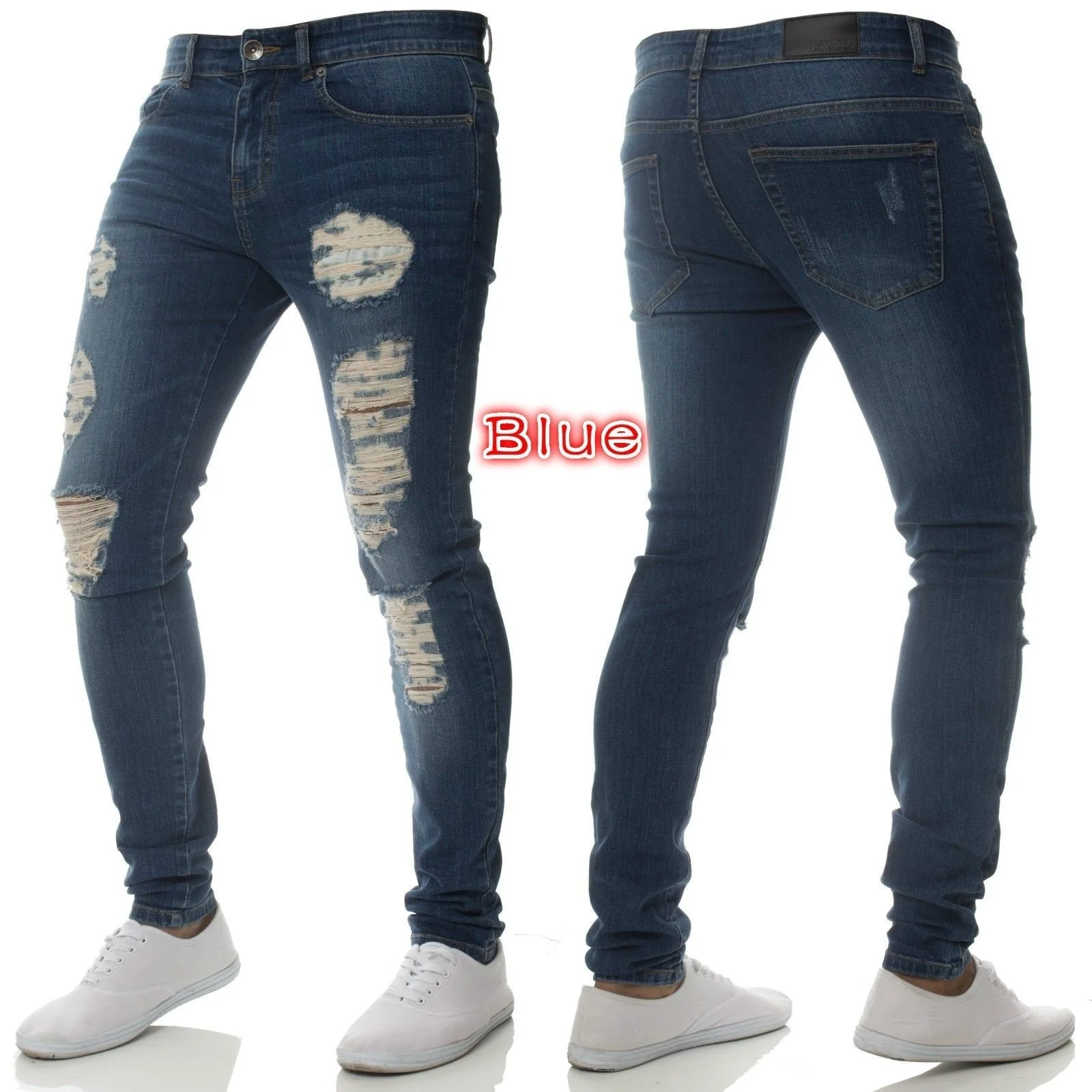 Men Stretchy Ripped Skinny Biker Embroidery Cartoon Print Jeans