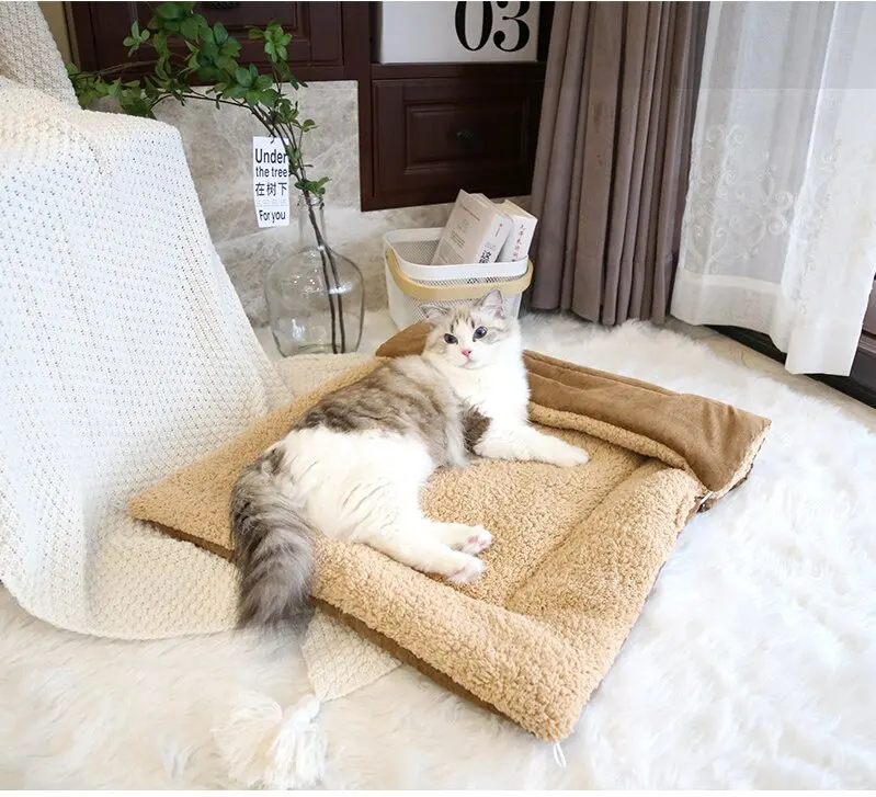 product 3 in 1 multifunction cat bed fluffy foldable cat bed pet bedding mats coral fleece cat nest bed-55