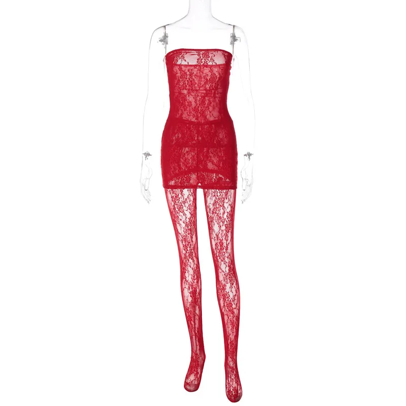 2024 Clubwear Women Sexy Mesh Lace Off Shoulder Dress With Stockings Set