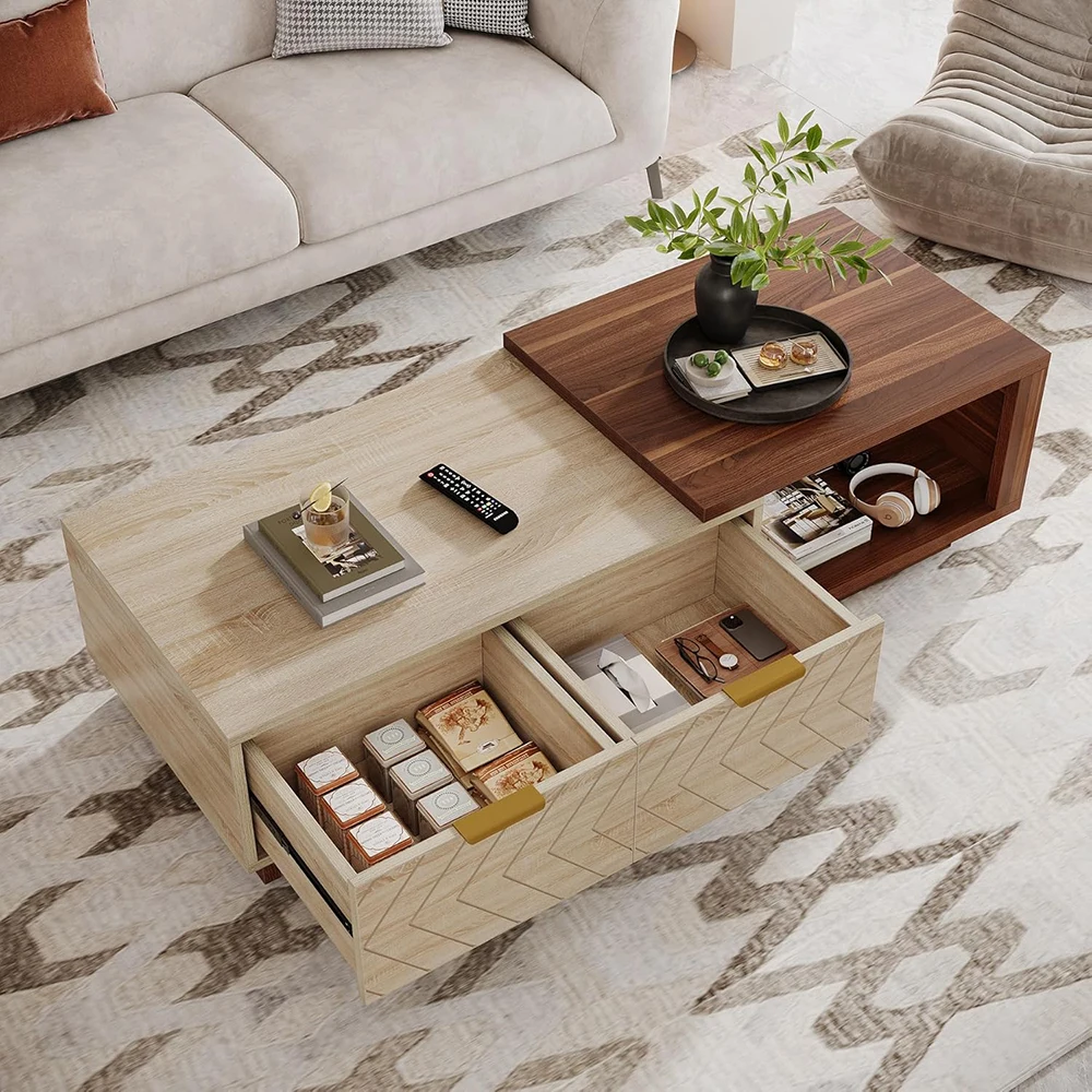 Adjustable Length Reversible Wood 42"-65" Extendable Coffee Table 2 Storage Drawers Dual-Tone Large Long Rectangular Table details