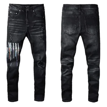 Custom Skinny Denim Stretch Men'S Jeans Slant Pock Angel Graphic Print Damaged Amiris Jeans Men