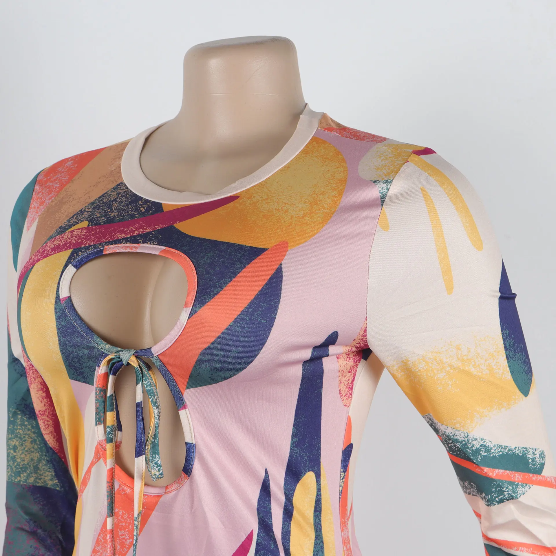 Vintage Empire Waist Summer European and American Style Printed Hollow Out Bodycon Stretch Slim Fit Long Sleeve Dress details