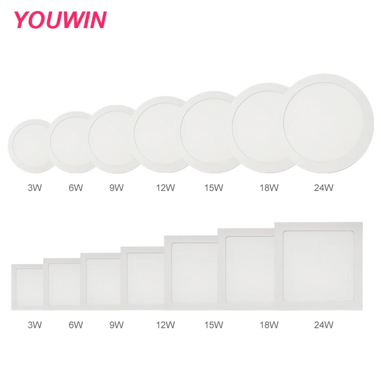 YOUWIN Ultra thin indoor lighting super bright 3w 6w 9w 12w 15w 18w round square recessed conceal panel light led
