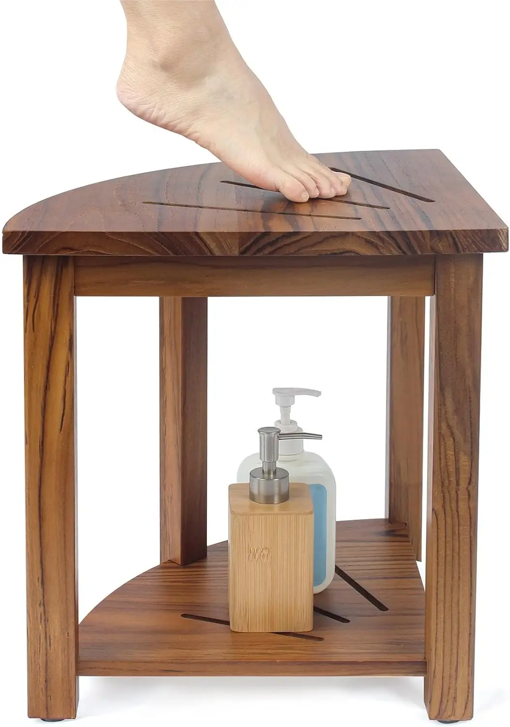 product waterproof teak shower bench with storage shelf corner wood shower stool for inside shower for shaving legs-1