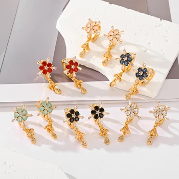 Wholesale Cheap Hengxuan Fashion Jewelry Petal Six Color Zircon Earrings Champagne Gold Plated Brass Earrings Women