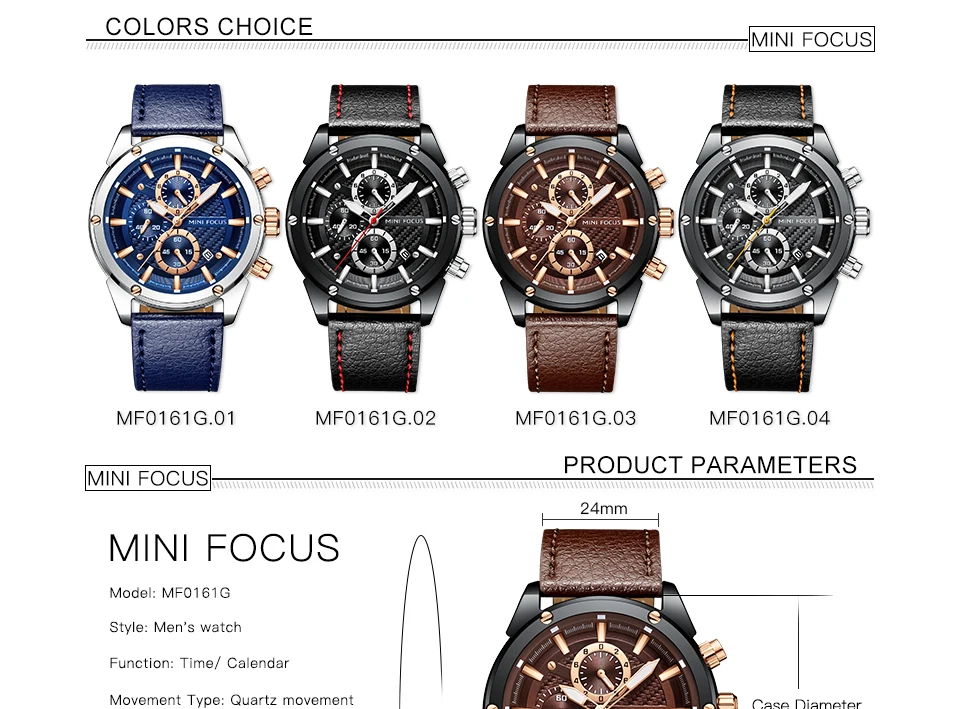 Mini Focus 0161 Leather Chronograph Quartz Watch Luminous Waterproof