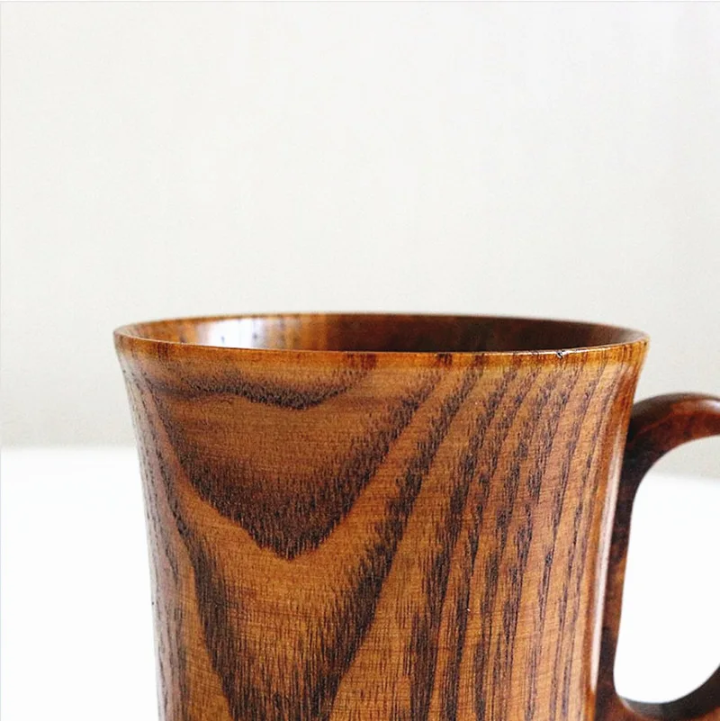 H192  Office Water Beer Milk Carved Mug with Handle Natural Handmade Wood Cups & Saucers