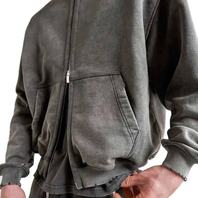 Most popular boxy fit cropped hoodie men 500gsm oversized acid wash vintage double zip hoodie