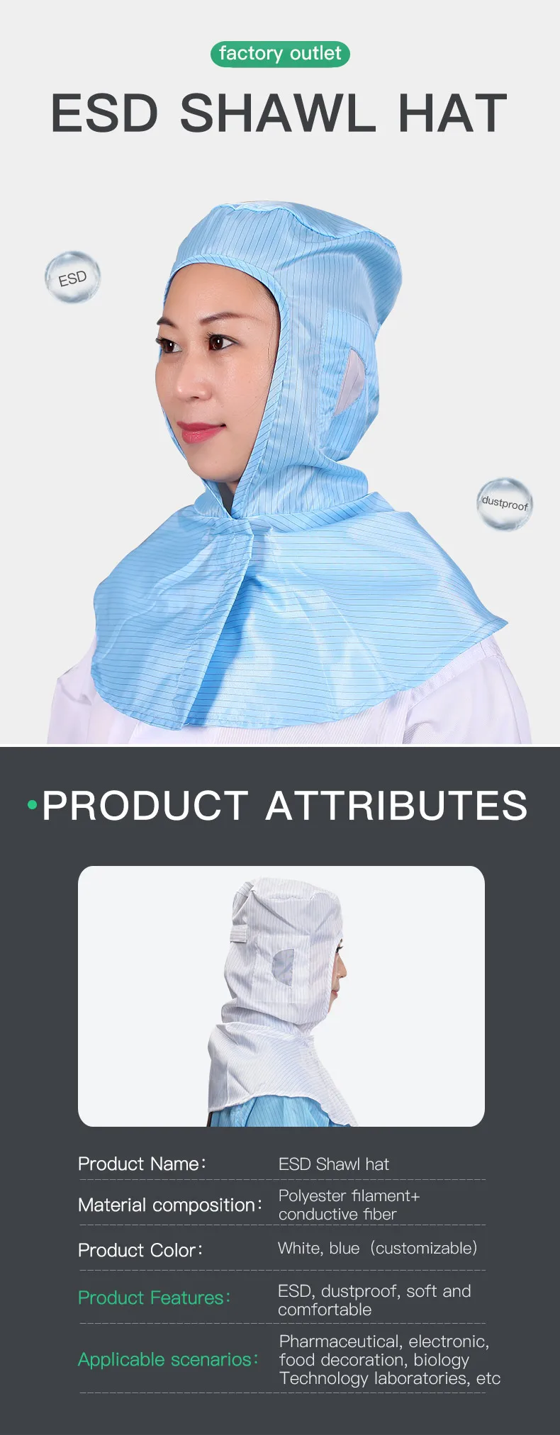 Anti-static Shawl Hood with Dustproof and Breathable Design for Food Processing and Cleanroom Use