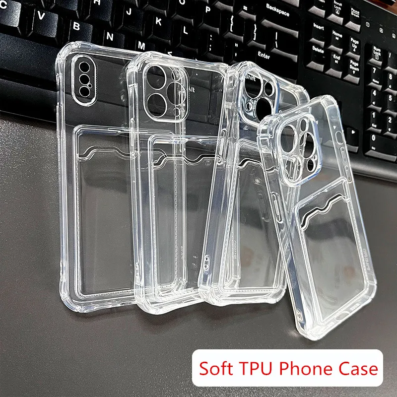 Shockproof Transparent Soft TPU Wallet Card Holder Case For iPhone 15 Pro Max 14 13 12 11 Xs Xr Xs Max Clear Card Back Cover