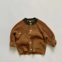 Kids sweater contrast color knitted cardigan autumn 2022 children sweater coat baby girl loose sweater cardigan