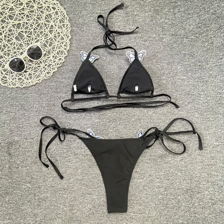 Butterfly Embroidery Decorative Hollow Triangle Cup Bikini Sexy European and American Strap Swimsuit
