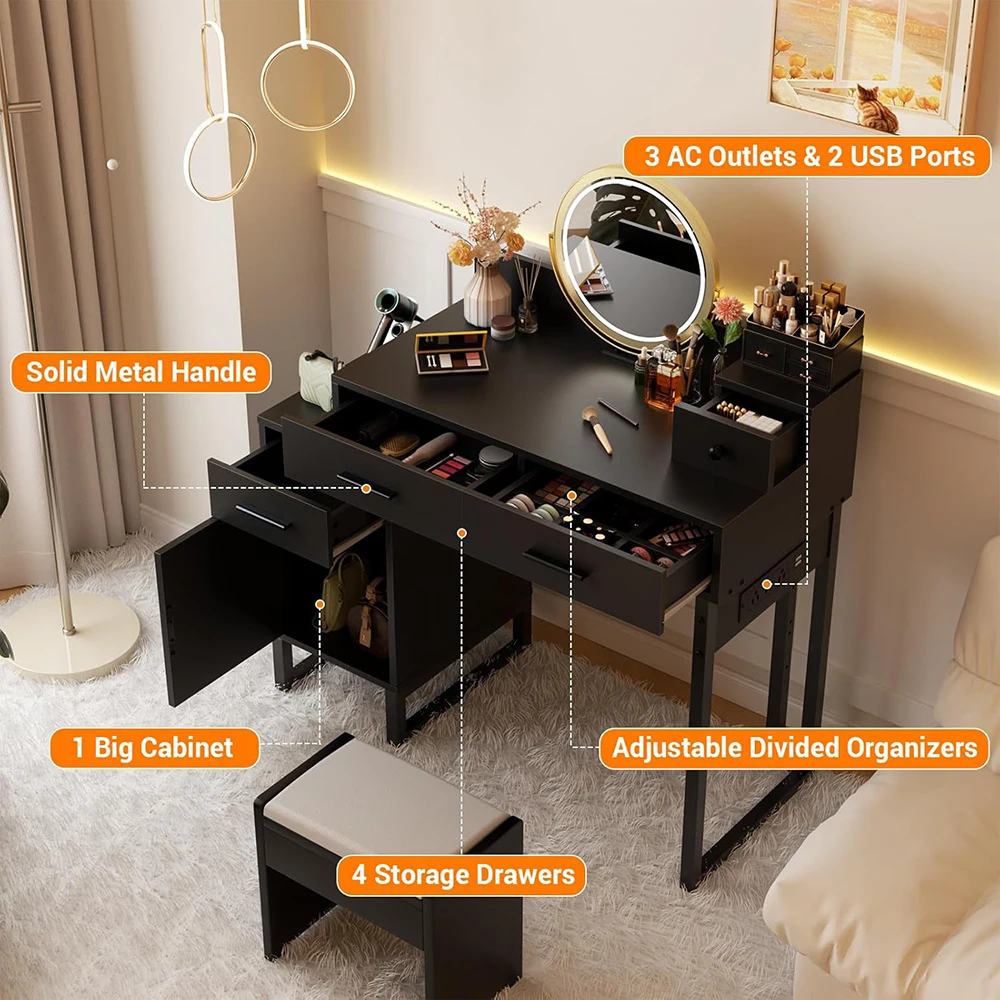 Modern Reversible Black Vanity Desk 4 Storage Drawers Charging Station Divided Organizers for Women Girls Makeup Vanity Table details