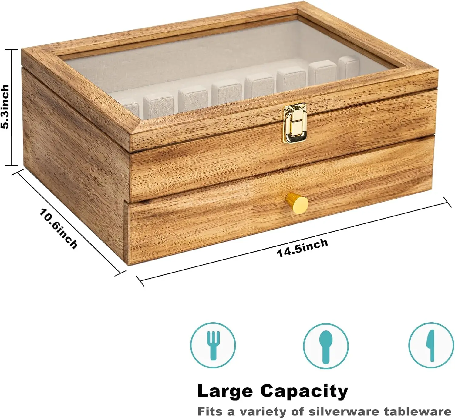 product wooden silverware chest with glass lid 2 drawer flatware storage box felt lined cutlery organizer for kitchen dining utensils-6