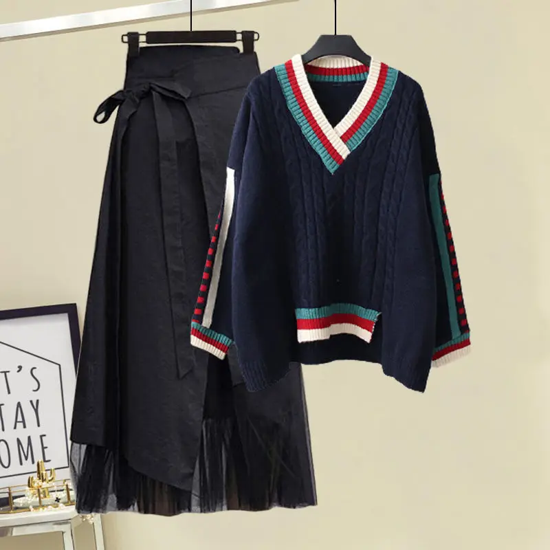 Large Size Women's Spring Solid Chenille Two-Piece Set New Fake-Slimming Shirt Top and Midi Skirt supplier