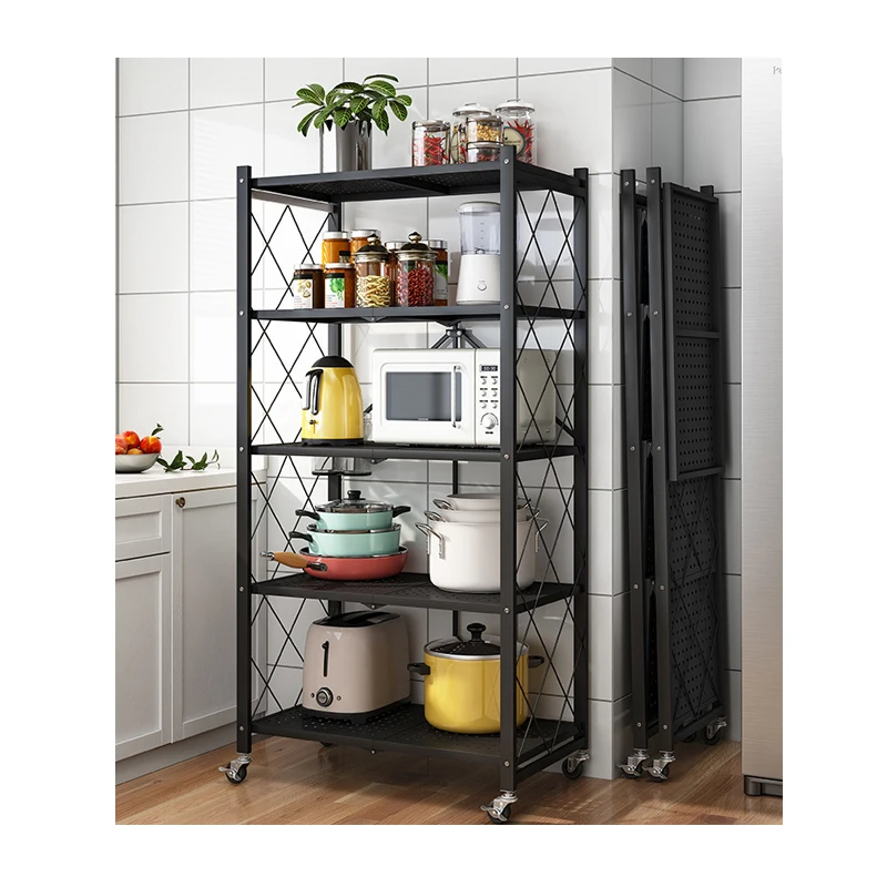 5 layers kitchen folding racks for home storage, collapsible organizer, retractable metal shelves with wheels for living room