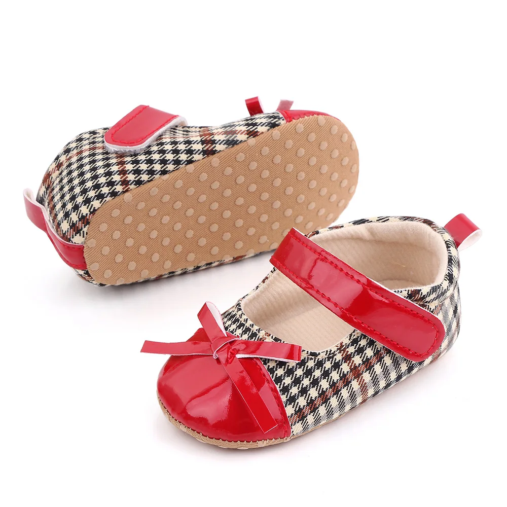 Baby Girls Cute Matching Plaid Solid Leather Bow Infants Soft Soled Princess Toddler Shoes factory