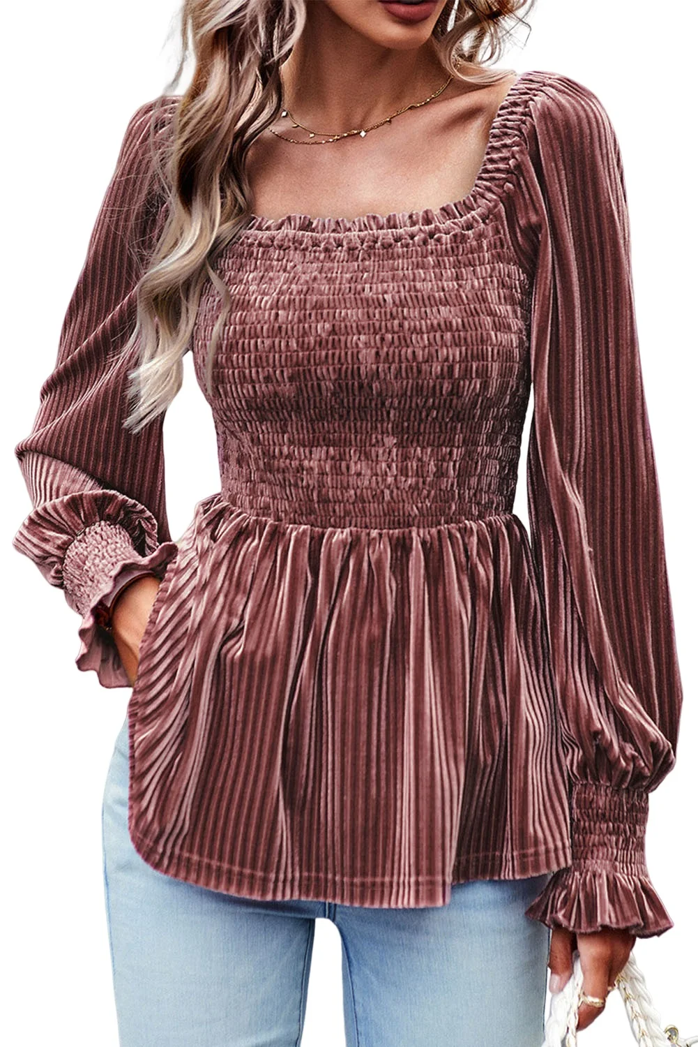 Dear-Lover Fall & Autumn Southern Pink Smocked Ribbed Babydoll Velvet Tops For Women