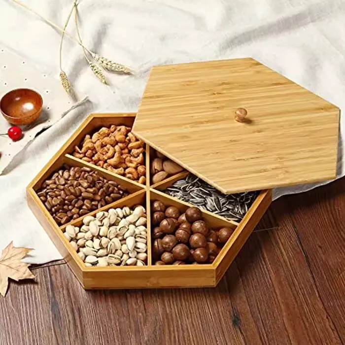 product 6 compartments bamboo wooden food tray snack tray set nut and candy serving tray with cover-2