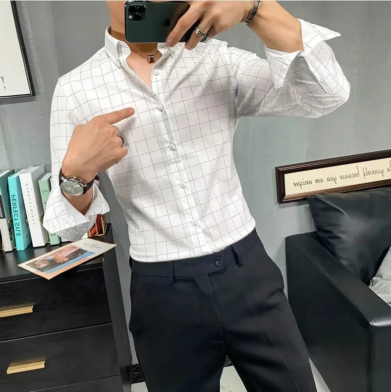 men's long-sleeved shirt high-grade business casual hot male Youth solid color shirts wholesale cardigan blouse top