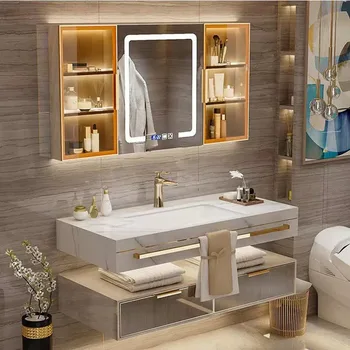 New design Hotel Bathroom Vanity Sets Top Basin Bathroom Vanity Wall Mounted rock slab Bathroom Cabinet Vanity with Mirror