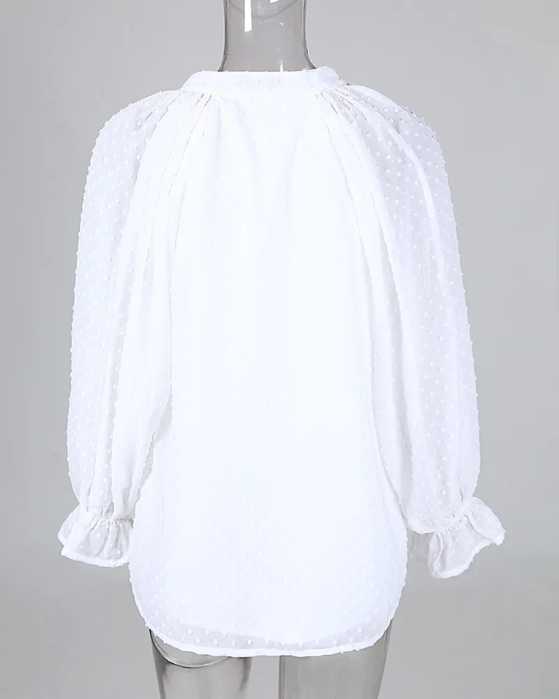 Summer Women White V-Neck Mesh Top Shirt Polka Dot Button Up Long Sleeve Loose Casual Shirts White Shirts For Women Blouses