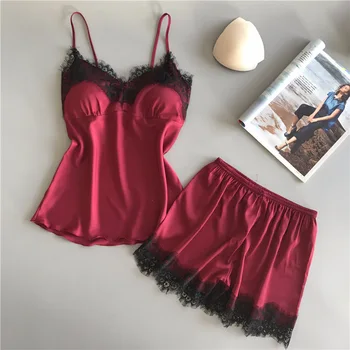 Women's Lace Pajamas Summer Sexy Ice Silk Two-piece Sleepwear Set with Bosom Pad Cami Shorts Lingerie Nightwear For Ladies