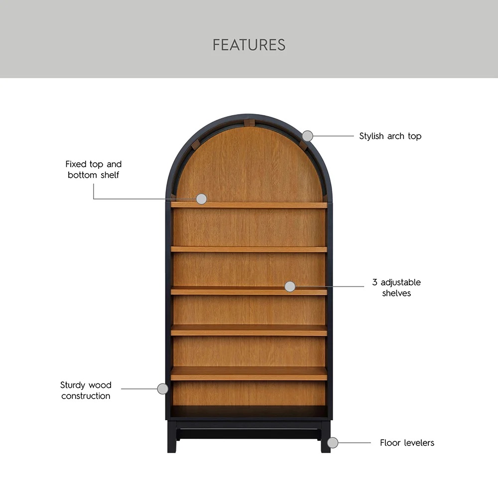 Rich Black and Light Honey Open Arched Top 6-Tier Wood Bookcase with 3 Adjustable and 2 Fixed Shelves details