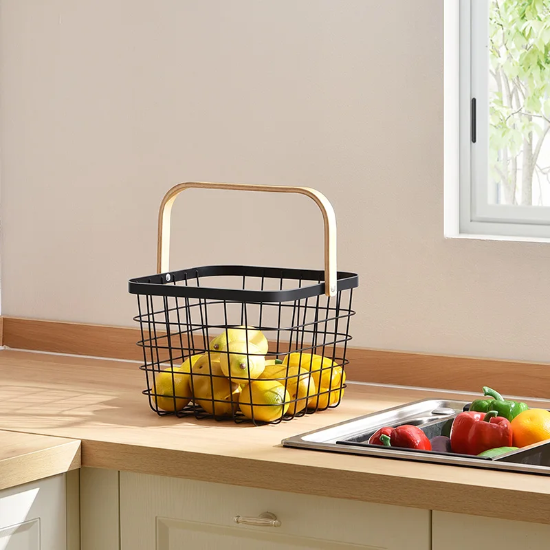 Creative Kitchen Storage Metal Wire Fruit Basket with Wooden Handle