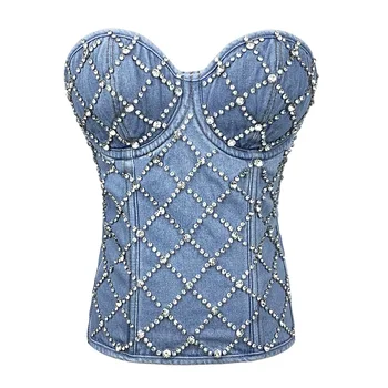 Guangzhou Auyan Diamond-studded Denim Vest Cotton Shape-fit Waistband Costume Retro Zipper Shape-fit Vest