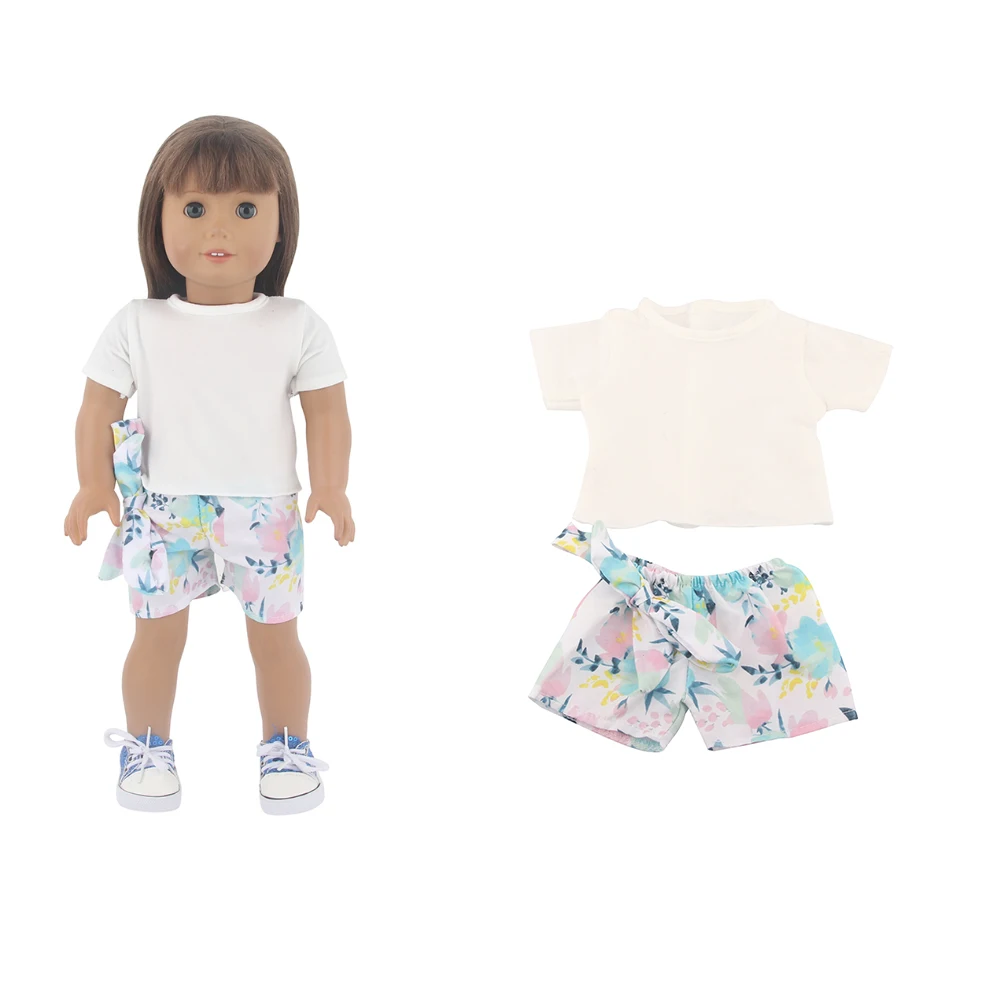 Wholesale summer casual beachwear with white T-shirt and multi-colored pants for 18 inch dolls Doll clothes accessories Supplie