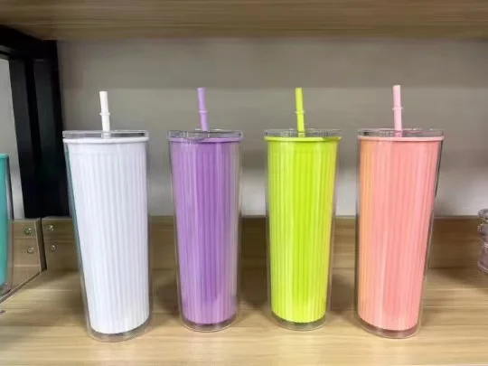 Custom Double Wall Eco Friendly Reusable Plastic cups With Straw gift cups summer kids' water bottle