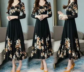 New arrival summer korean style women's fashion spring temperament long-sleeved chiffon dress mid-length floral dresses