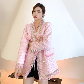 Anfeiouna Ladies Custom Tweed Fringed Jacket All-Match Pearl Buckle Double-Breasted Classic Pink Jacket