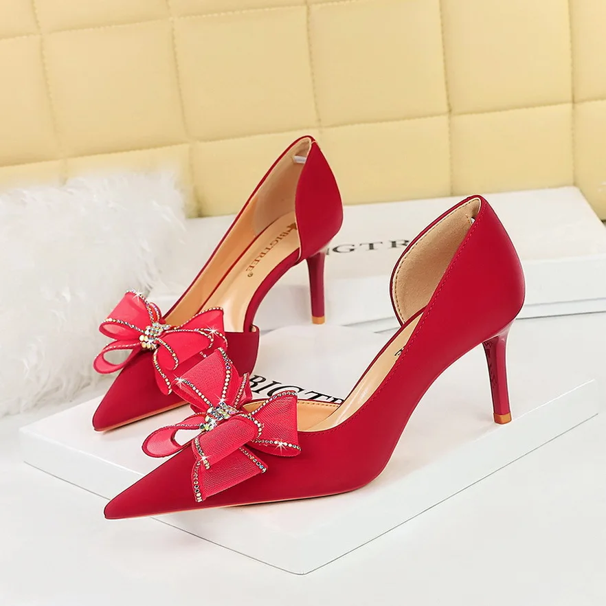 34-43 Banquet slim heeled shallow cut women's shoes pointed pump rhinestone lace bow high heels