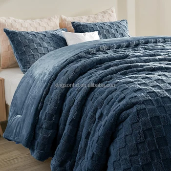 3PCS Fluffy Comforter Set Super Soft Warm Sherpa Comforter Jacquard Checkered Fleece Bedding