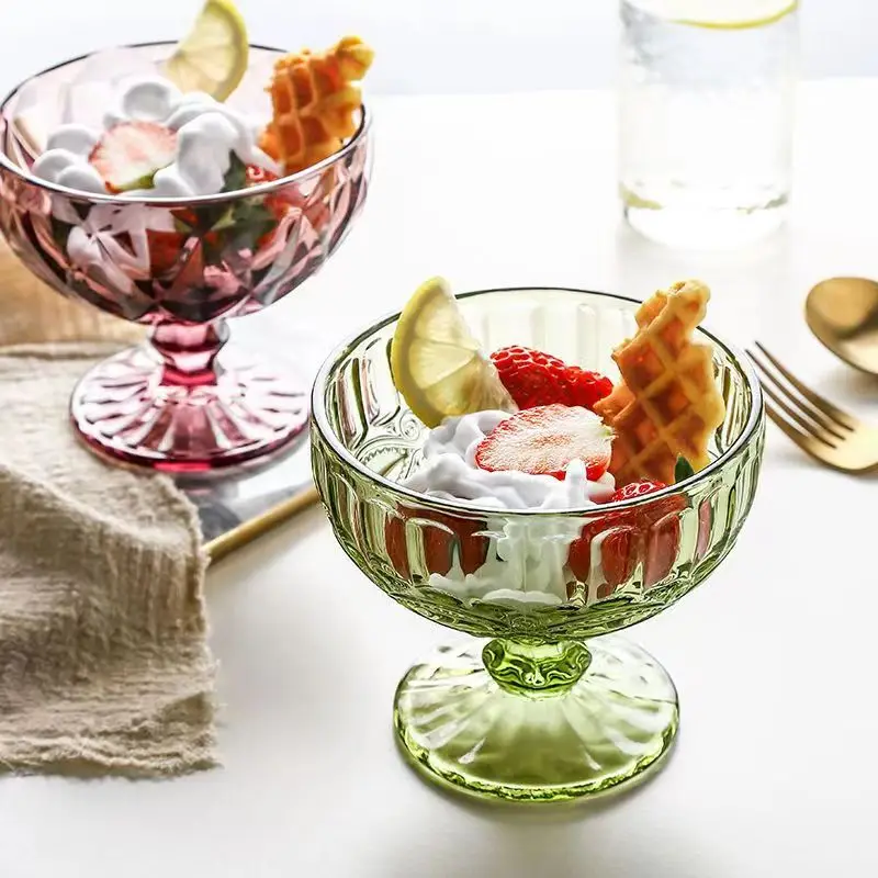 High Quality Dessert Cups Glass Ice Cream/Milkshake/Juice/Salad Embossed Glass Cup