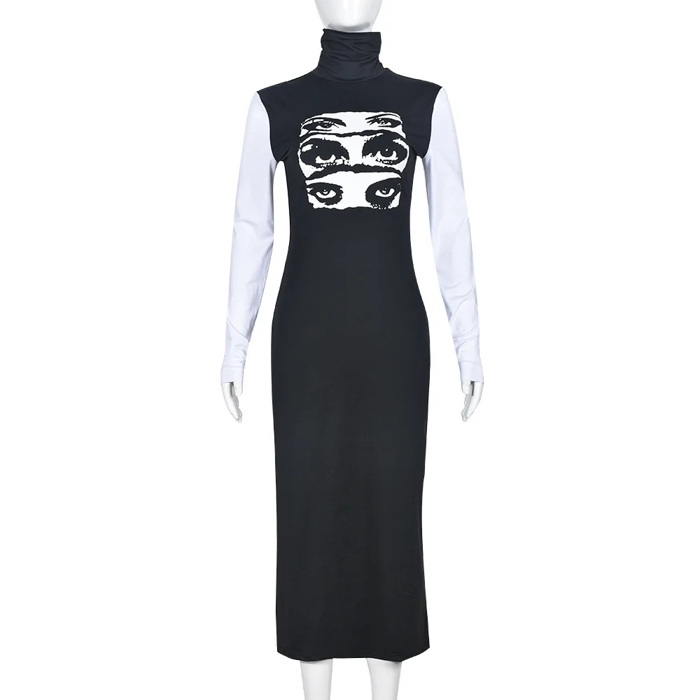 9330DD Autumn Casual Women's Printed Dress Long Sleeve Crew Neck Graphic A-Line Maxi Dress For Women Streetwear