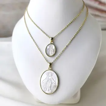 Mother of Pearl Gold Plated Virgin Mary Pendant Necklace