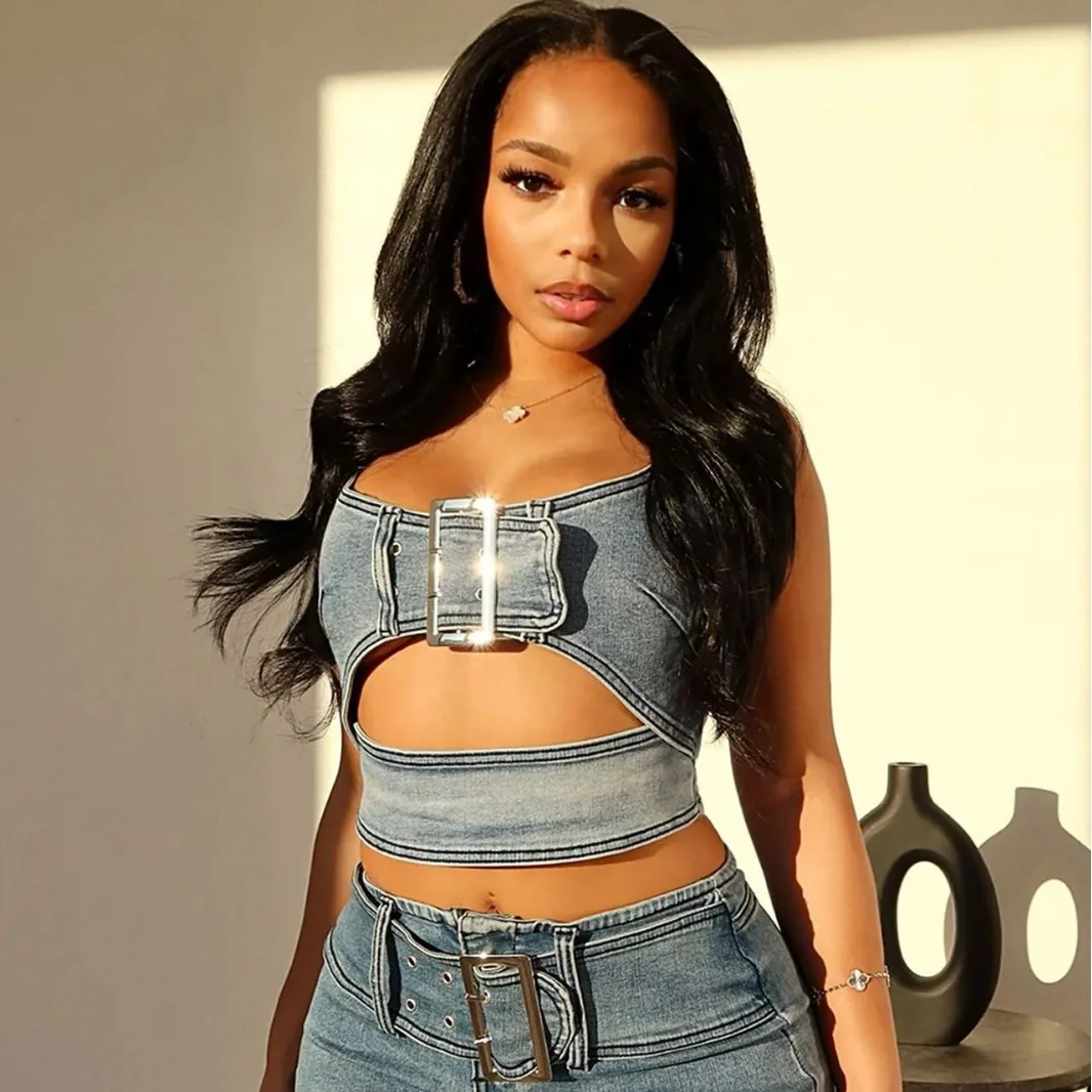 New Peoduct Mini Skirt Set Womens Casual Denim Suit Stretch Denim Camisole Crop Top Two Piece Set details