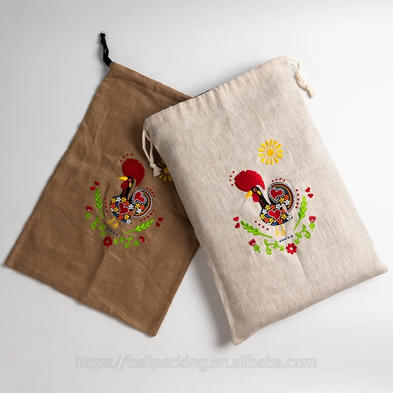 Custom Logo Embroidery Fabric Drawstring Packaging Shopping Bag Thick 100% Linen Bread Bag