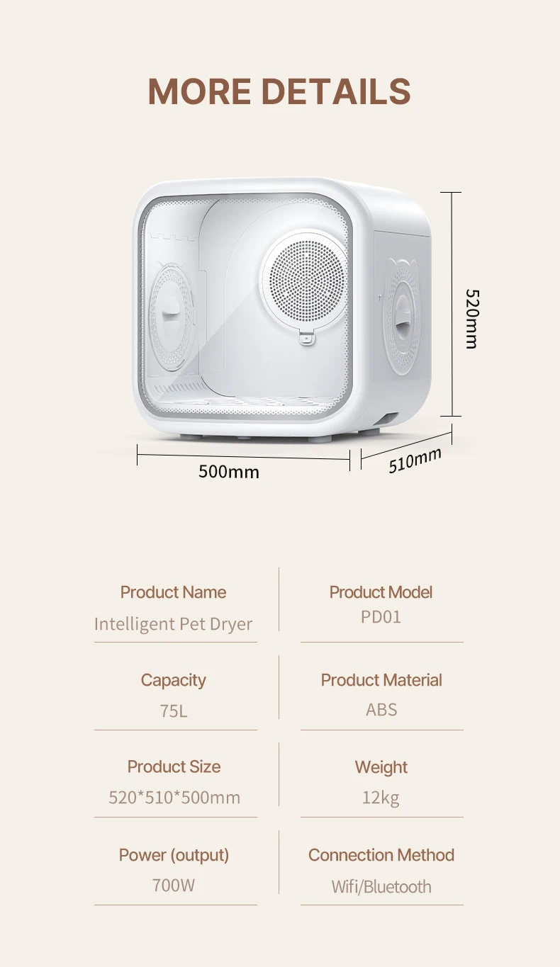 75L Smart Pet Dryer Box with Curved tempered glass 15 mins quick drying