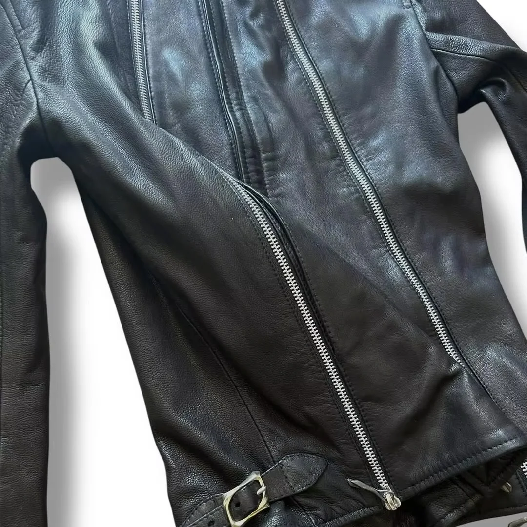 product mens vintage racing leather jacket with custom logo embroidery double sided zippers high collar oem service available672-2