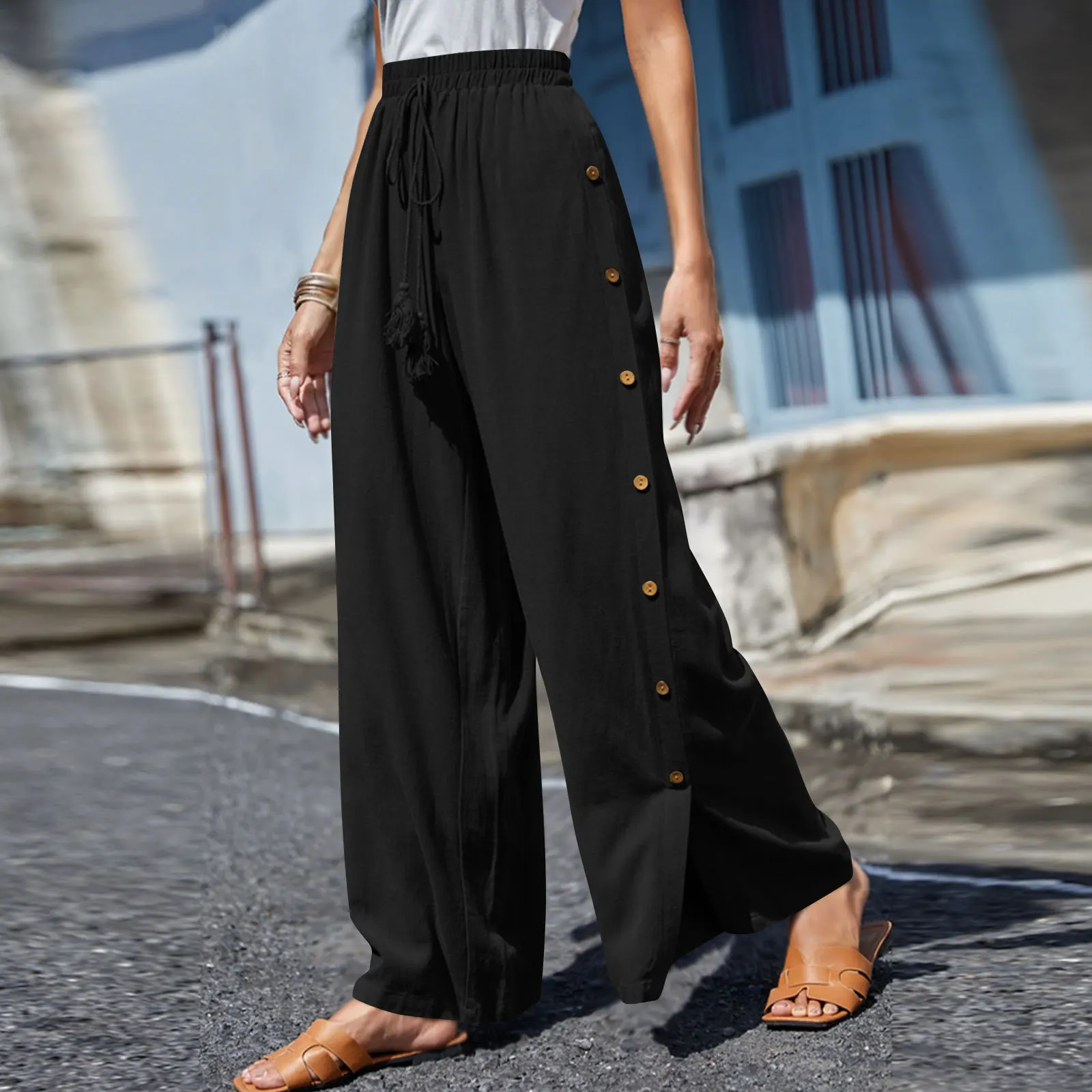 High Quality Summer Side Flap Button Women's Wide Leg Pants Loose Casual Pants
