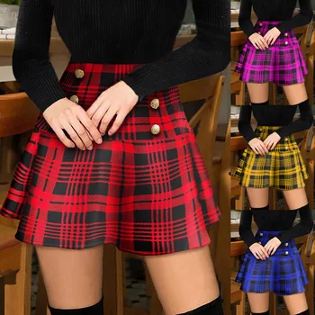 Summer Plus Size Vintage Red Plaid Double breasted Type High Waist Mini Skirts Female Fashion Girly Skirt Casual Women Outfit