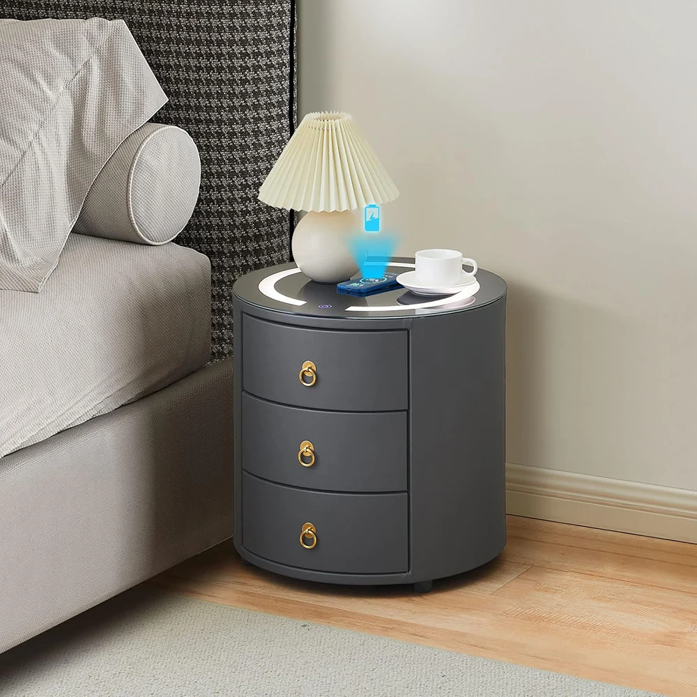 Dark Grey Wood Smart Nightstand with Wireless Charging Station & LED Lights Modern Round 3-Drawer Bedroom Storage Furniture supplier