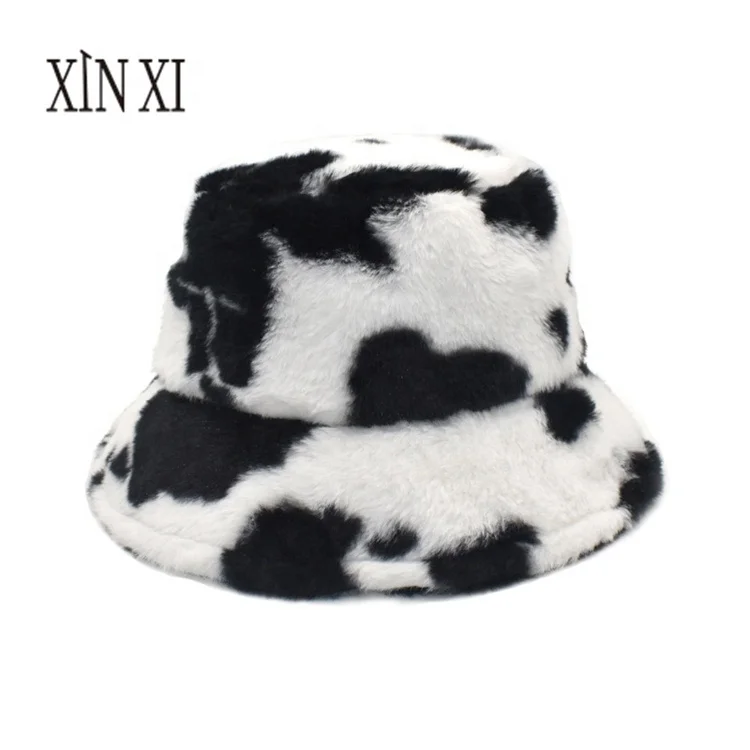 faux fur cow print bucket hat