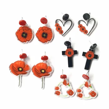 Red Poppy Flower Black Cross Heart Shape Circle With Flowers Acrylic Stud Earrings Romantic Poppies Bouquet Brooch Jewelry Gifts